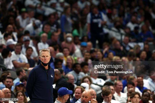 Head coach Steve Kerr of the Golden State Warriors looks on during the second quarter against the Dallas Mavericks in Game Four of the 2022 NBA...