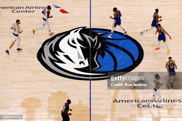 General view of the Dallas Mavericks logo on the court during the fourth quarter in Game Four of the 2022 NBA Playoffs Western Conference Finals...