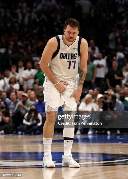 Luka Doncic of the Dallas Mavericks reacts after a play during the fourth quarter against the Golden State Warriors in Game Four of the 2022 NBA...