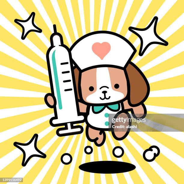 eine süße hundekrankenschwester hält eine große spritze in der hand und rennt auf die kamera zu - nursing assistant stock-grafiken, -clipart, -cartoons und -symbole