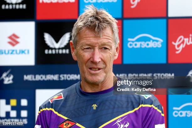 Craig Bellamy, Head Coach of the Storm speaks to media during a Melbourne Storm media opportunity at Gosch's Paddock on May 25, 2022 in Melbourne,...