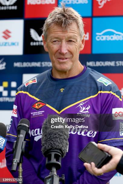 Craig Bellamy, Head Coach of the Storm speaks to media during a Melbourne Storm media opportunity at Gosch's Paddock on May 25, 2022 in Melbourne,...