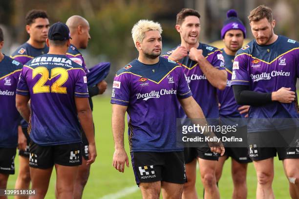 Brandon Smith of the Storm looks on during a Melbourne Storm media opportunity at Gosch's Paddock on May 25, 2022 in Melbourne, Australia.