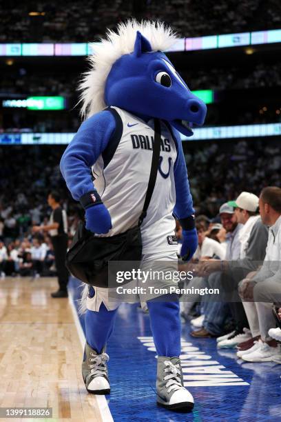 Dallas Mavericks mascot Champ walks on the sideline during the fourth quarter in Game Four of the 2022 NBA Playoffs Western Conference Finals against...