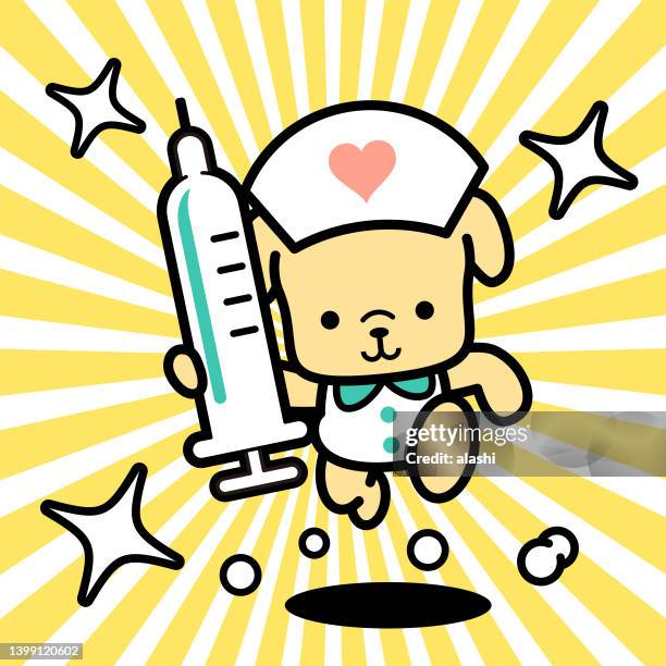 a cute dog nurse is holding a big syringe and running toward the camera - nursing assistant stock illustrations