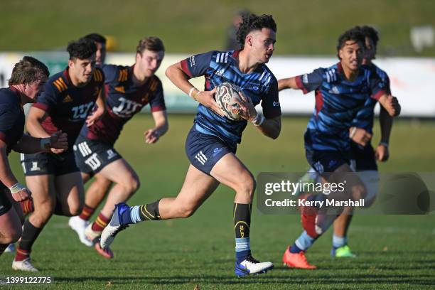 Quinton Nichols of the Blues U20's makes a break during the New Zealand Super Rugby Under 20s match between the Blues and Highlanders at Owen Delaney...
