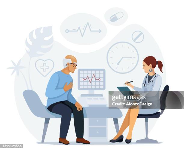 ilustrações de stock, clip art, desenhos animados e ícones de elderly man suffering with heart disease. female doctor treats her patient with pain in the breast. - clínica médica