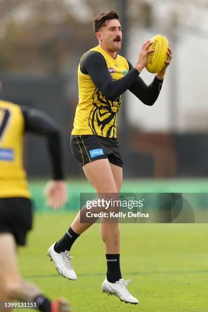 Ivan Soldo of the Tigers marks the ball during a Richmond Tigers AFL training session at Punt Road Oval on May 25, 2022 in Melbourne, Australia.