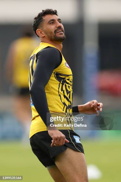 Marlion Pickett of the Tigers reacts during a Richmond Tigers AFL training session at Punt Road Oval on May 25, 2022 in Melbourne, Australia.