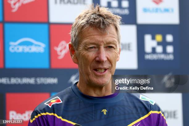 Craig Bellamy, Head Coach of the Storm speaks to media during a Melbourne Storm media opportunity at Gosch's Paddock on May 25, 2022 in Melbourne,...