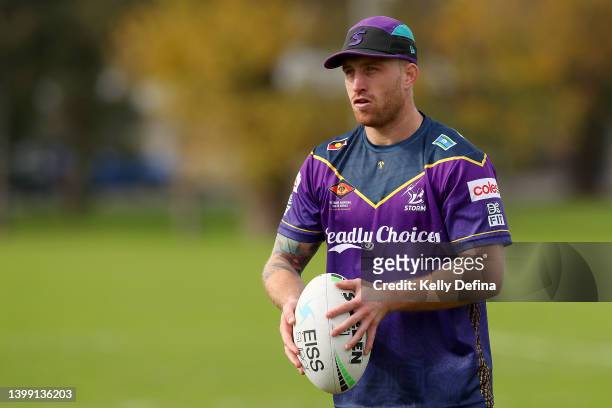Cameron Munster of the Storm looks on during a Melbourne Storm media opportunity at Gosch's Paddock on May 25, 2022 in Melbourne, Australia.