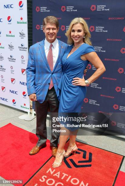 Clark Hunt and Tavia Hunt appear on the red carpet before the 2022 National Soccer Hall of Fame Induction Ceremony at Toyota Stadium on May 21, 2022...
