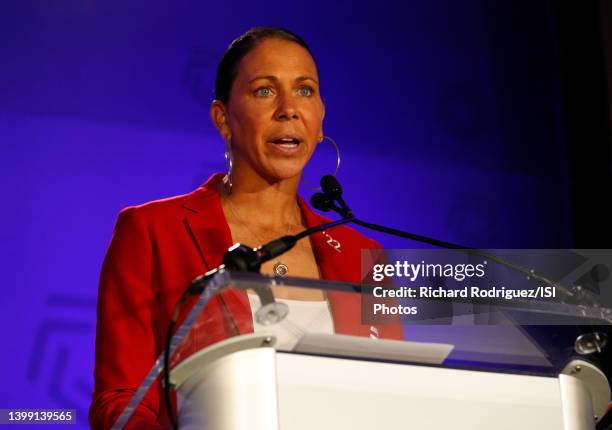 Shannon Boxx speaks at the National Soccer Hall of Fame Induction Ceremony at Toyota Stadium on May 21, 2022 in Frisco, TX.