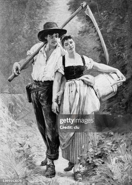 peasant couple going home from work - sickle stock illustrations