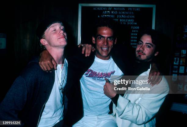 Anthony Michael Hall, Robert Russler and Robert Downey Jr. At the Premiere of 'Trashin'', Academy Theater, Beverly Hills.