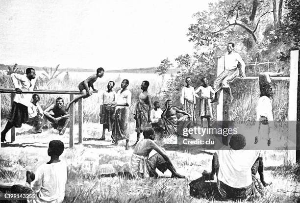 gymnastics field in cameroon, people doing exercises - central africa stock illustrations