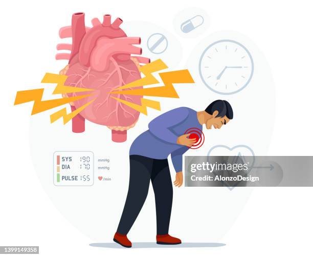 ilustrações de stock, clip art, desenhos animados e ícones de young male with heart attack. - ataque cardíaco