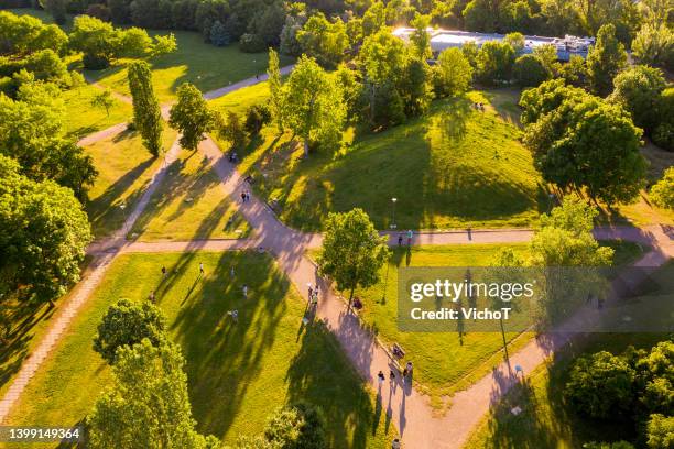 lush green community park areal view - cidade adequada para peões imagens e fotografias de stock