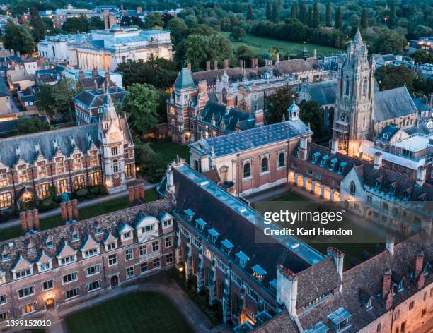 an elevated night-time view of cambridge, uk - cambridge union stock pictures, royalty-free photos & images