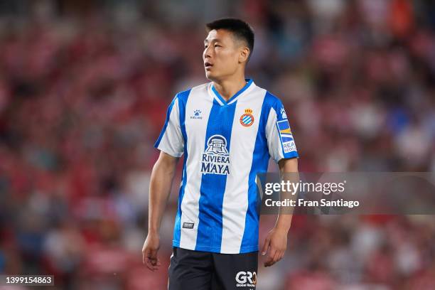 Wu Lei of RCD Espanyol looks on during the LaLiga Santander match between Granada CF and RCD Espanyol at Nuevo Estadio de Los Carmenes on May 22,...