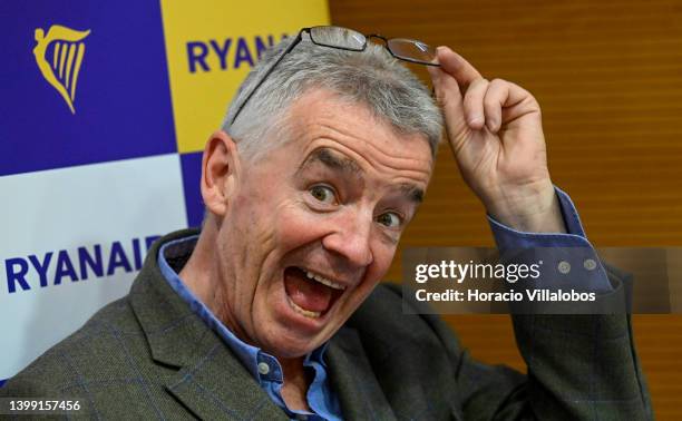 Ryanair Group CEO Michael O'Leary makes a face during a press conference in Radisson Blu Hotel to announce an increase of summer flights and to...