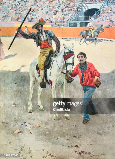 ilustrações de stock, clip art, desenhos animados e ícones de in the bullfighting arena, torero sitting on horse - corrida de touros