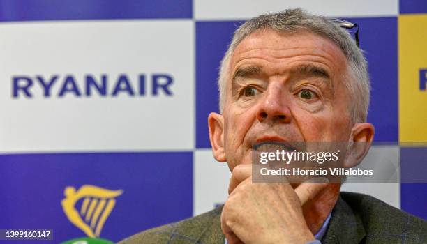 Ryanair Group CEO Michael O'Leary delivers remarks during a press conference in Radisson Blu Hotel to announce an increase of summer flights and to...