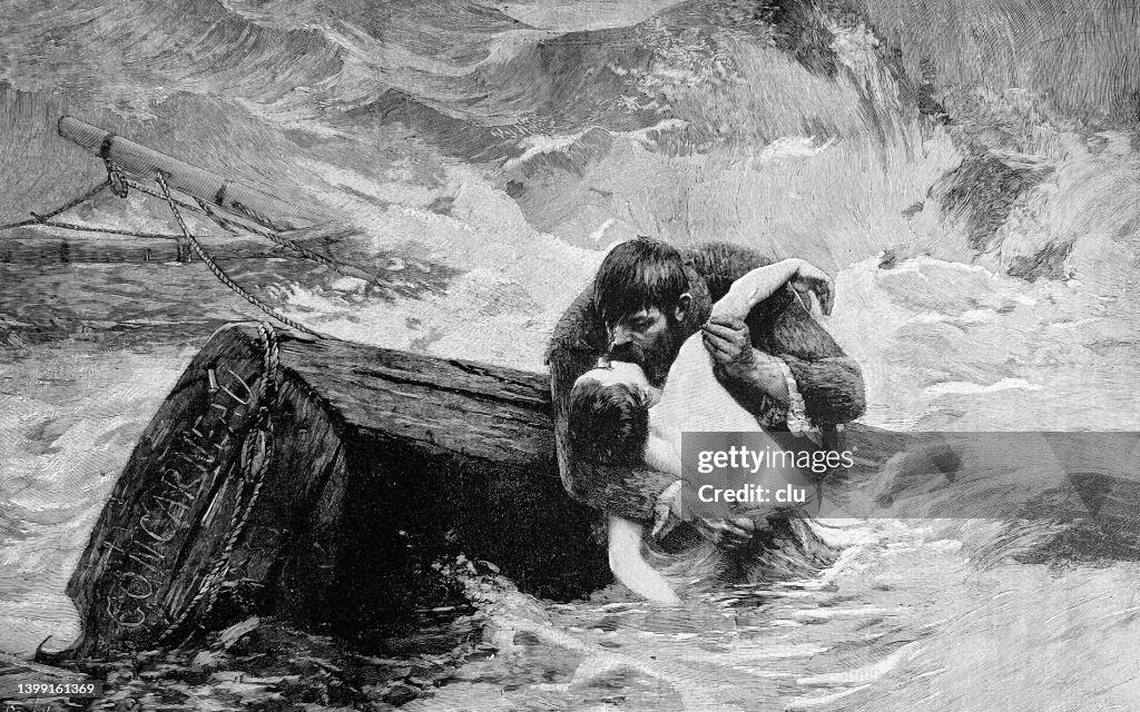 The last kiss of a couple sinking into the sea