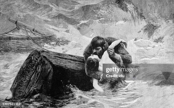 the last kiss of a couple sinking into the sea - sinking ship stock illustrations