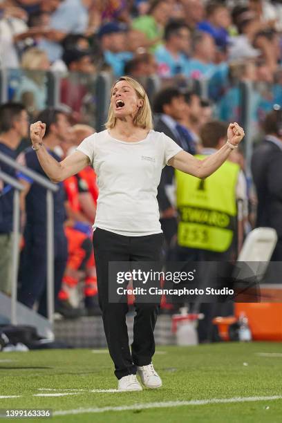 Sonia Bompastor , Manager of Olympique Lyonnais celebrate after winning during the UEFA Women's Champions League final match between FC Barcelona and...