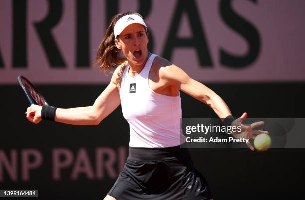 Andrea Petkovic of Germany plays a forehand against Victoria Azarenka of Belarus during the Women's Singles Round 2 on Day Four of The 2022 French...