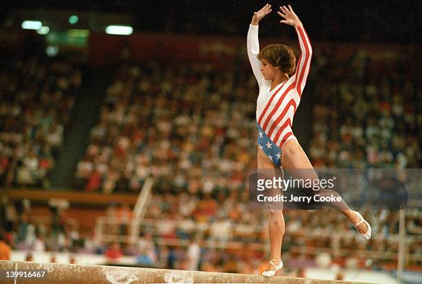 Summer Olympics: USA Mary Lou Retton in action on balance beam during Women's All-Around Team competition at Pauley Pavilion.Los Angeles, CA...