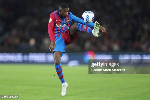 Ousmane Dembele of FC Barcelona controls the ball during the match between FC Barcelona and the A-League All Stars at Accor Stadium on May 25, 2022...