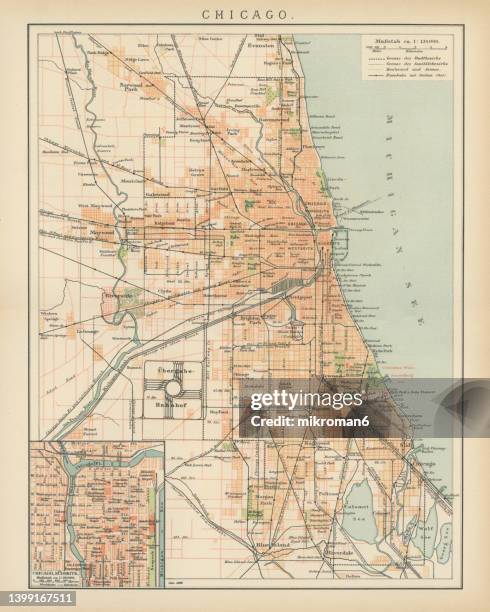 old lithograph map of chicago , usa - illinois map stock pictures, royalty-free photos & images