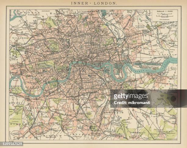 old map of london, england - symbols on old maps stock-fotos und bilder