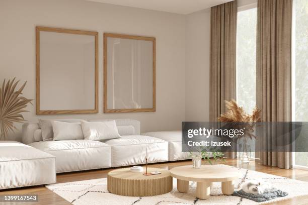 living room interior in boho style - beige curtains stock pictures, royalty-free photos & images