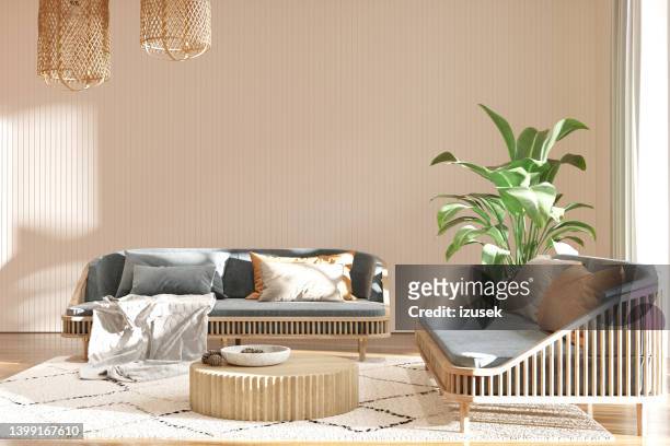 living room interior in boho style - wicker stock pictures, royalty-free photos & images