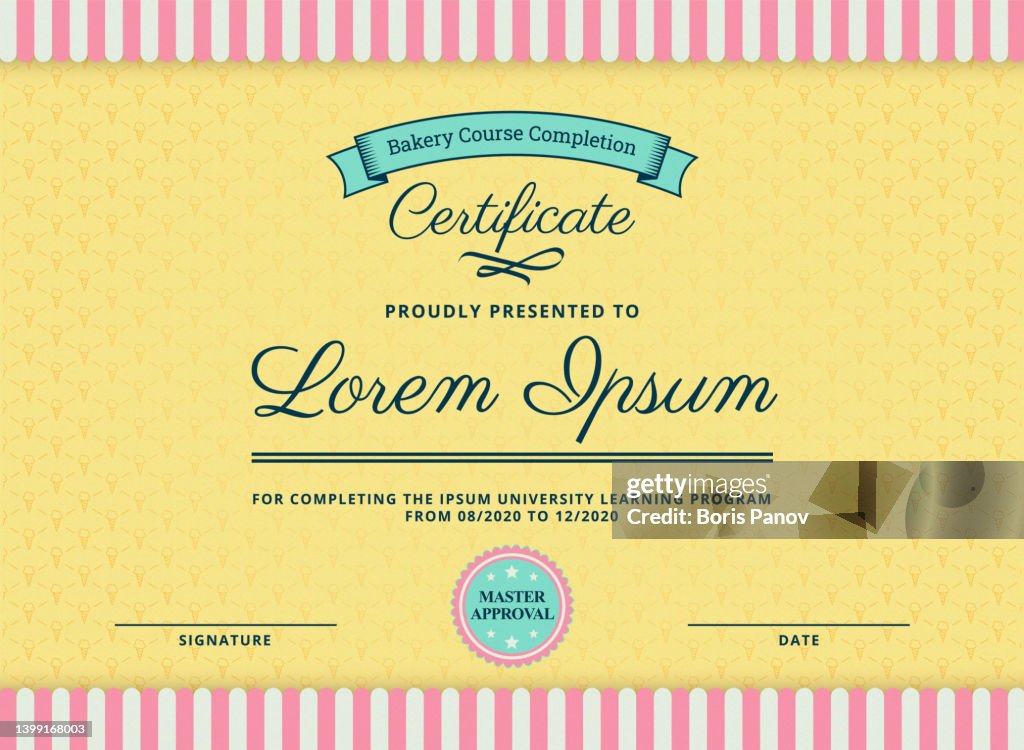 Certificado ou Diploma Bonito com Cupcake e Estilo sorvete para padaria ou patisserie em rosa, azul e amarelo