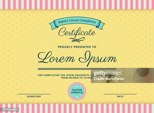 cute certificate or diploma with cupcake and ice cream style for bakery or patisserie in pink, blue and yellow - 麵包店 幅插畫檔、美工圖案、卡通及圖標