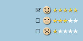 Customer evaluation concept. Check mark to select smile face with five stars on pastel blue background.