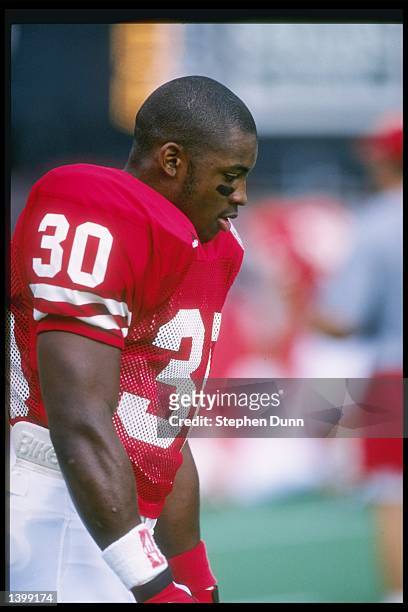 Running back Ahman Green of the Nebraska Cornhuskers looks on during a game against the Michigan State Spartans at Memorial Stadium in Lincoln,...