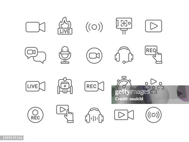 ilustrações de stock, clip art, desenhos animados e ícones de live streaming icons - câmara de filmar