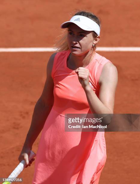Aliaksandra Sasnovich celebrates after defeating Emma Radacanu of Great Britain in her second round match during day four at Roland Garros on May 25,...