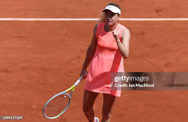 Aliaksandra Sasnovich celebrates after defeating Emma Radacanu of Great Britain in her second round match during day four at Roland Garros on May 25,...