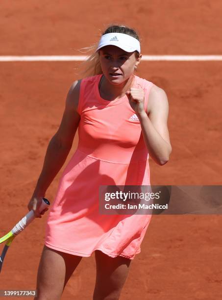 Aliaksandra Sasnovich celebrates after defeating Emma Radacanu of Great Britain in her second round match during day four at Roland Garros on May 25,...