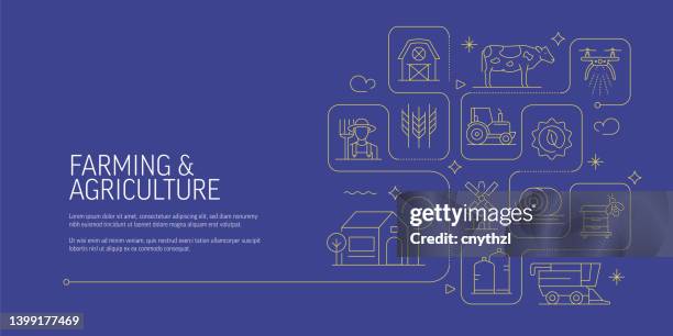 ilustraciones, imágenes clip art, dibujos animados e iconos de stock de concepto de diseño de banner vectorial relacionado con la agricultura y la agricultura, estilo de línea moderno con iconos - cultivo