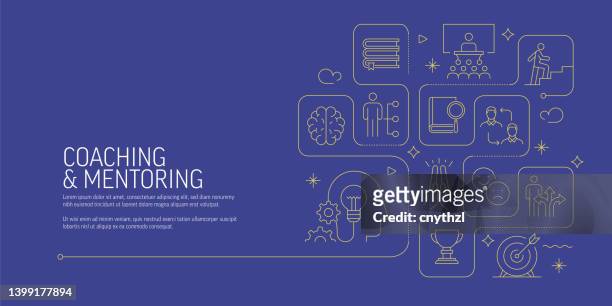 stockillustraties, clipart, cartoons en iconen met coaching related vector banner design concept, modern line style with icons - carrièreladder
