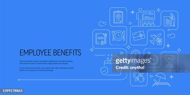 employee benefits related vector banner design concept, modern line style with icons - employee benefits stock illustrations