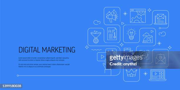 ilustrações, clipart, desenhos animados e ícones de conceito de design de banner de vetor relacionado ao marketing digital, estilo de linha moderno com ícones - pesquisa de mercado