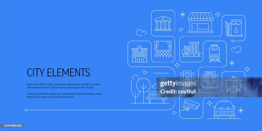 City Elements Related Vector Banner Design Concept, Modern Line Style with Icons